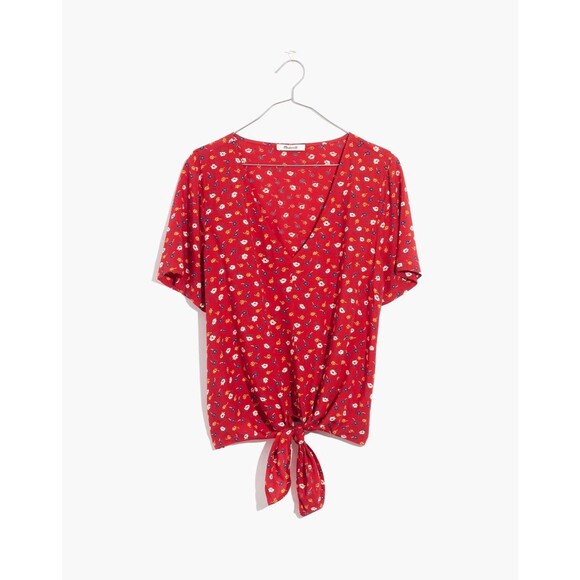 Madewell Novel Tie-Front Top in Prairie Posies Red Short Sleeve V-Neck Size XS - Picture 2 of 13
